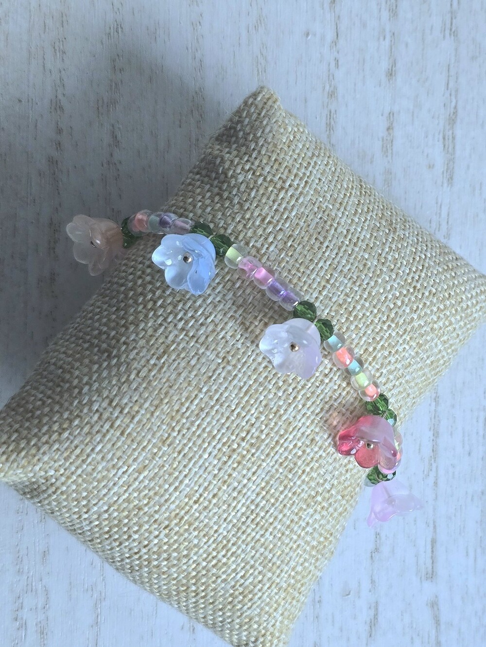 Multicolor Beaded Flower Bracelet - Pastel Pink & Green Handmade